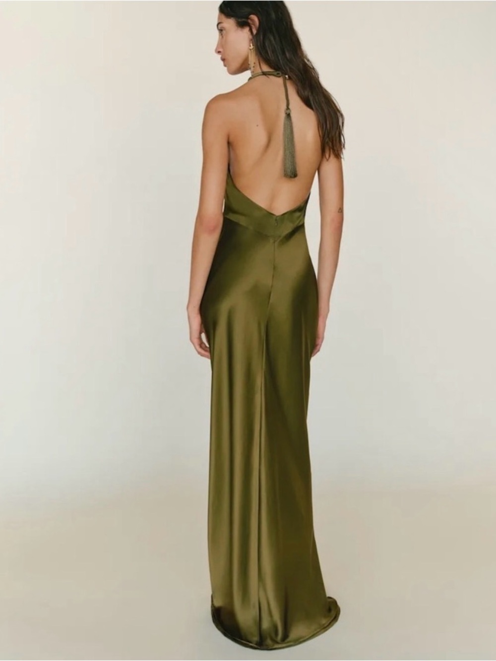 Reformation - Elegant Olive Green Backless Satin Halter Dress (US 8) [NWT] - Picture 4 of 6